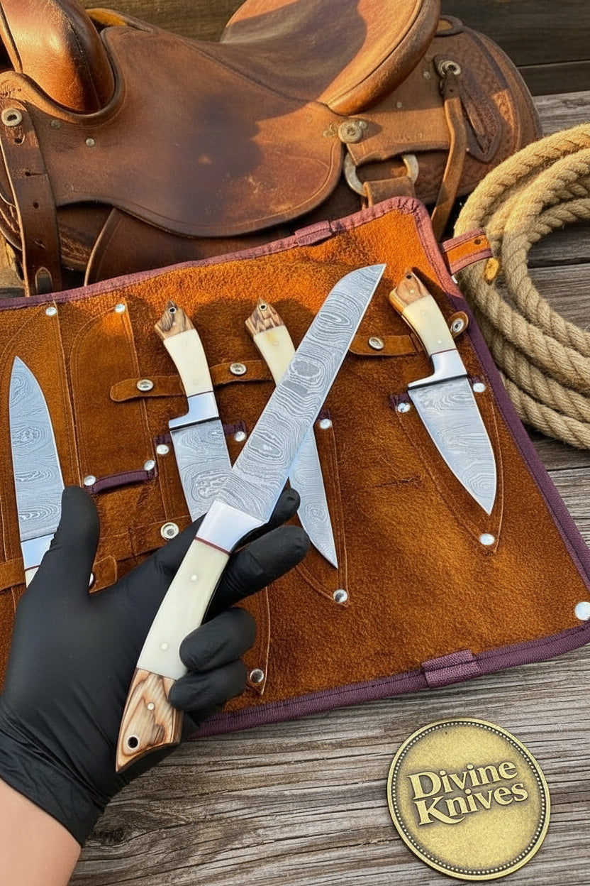 Bone Handle Caping Knife Set with Tooled Leather Roll Case