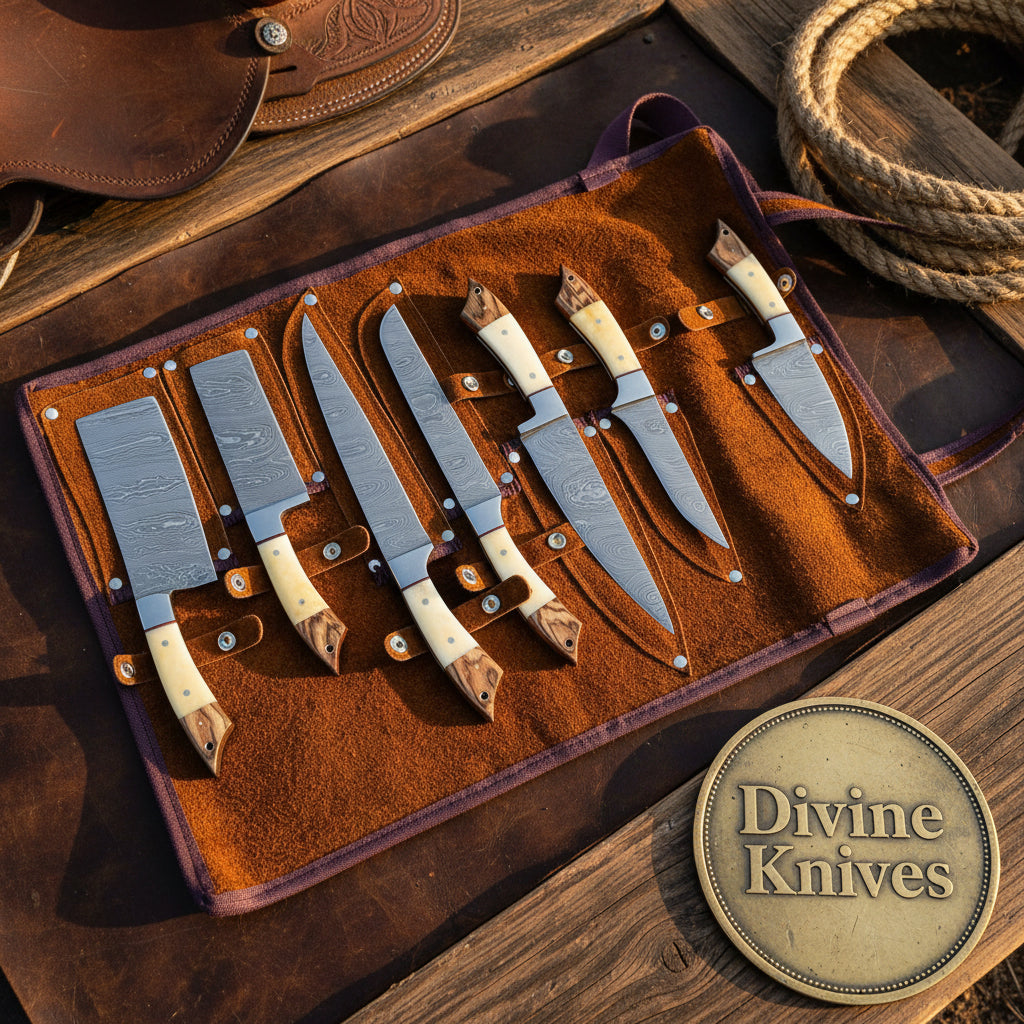 Bone Handle Caping Knife Set with Tooled Leather Roll Case