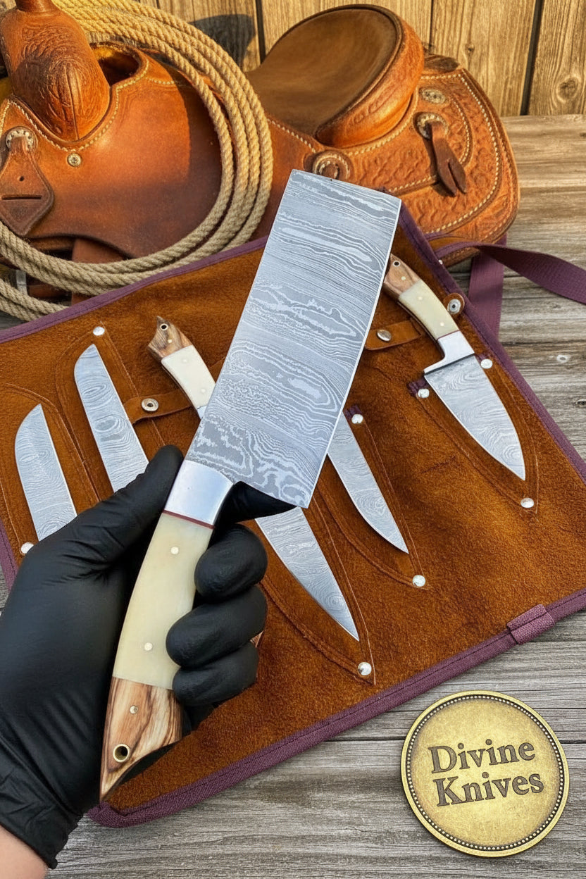 Bone Handle Caping Knife Set with Tooled Leather Roll Case