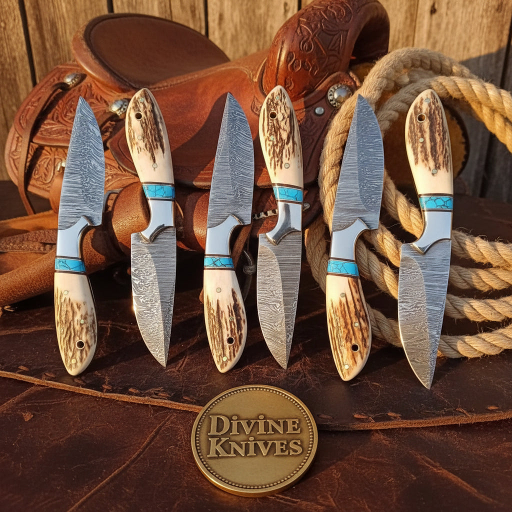 Turquoise Inlay Stag Handle Skinner Knife Set