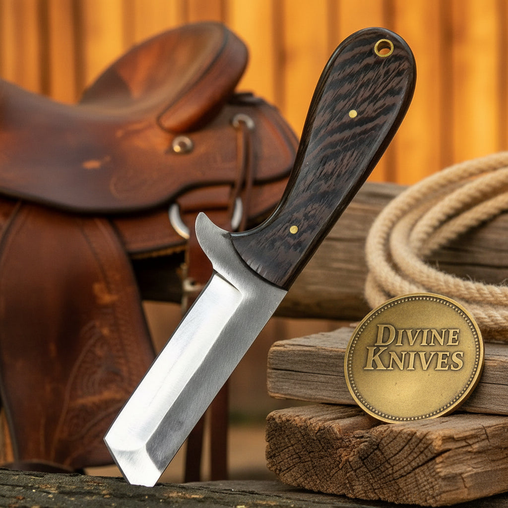 Tanto Style Utility Knife with Wood Handle and Flared Steel Guard