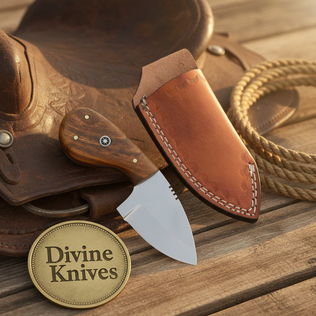 Compact Drop Point Utility Knife with Wood Handle and Tooled Leather Sheath
