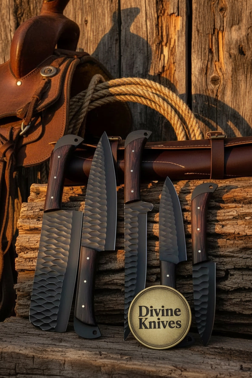 5-Piece Hammered Black Knife Set with Wood Handles and Leather Roll Case