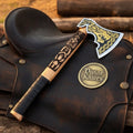Wolf Carved Viking Axe with Gold Etched Norse Blade Design