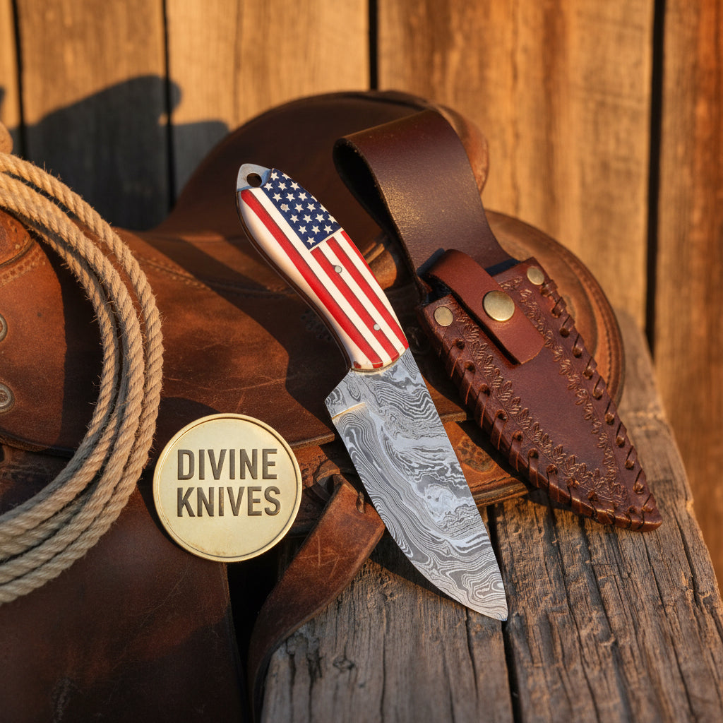American Flag Handle Skinner Knife with Patterned Steel Blade