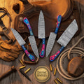 5-Piece Pink and Blue Resin Handle Chef Knife Set with Patterned Steel Blades
