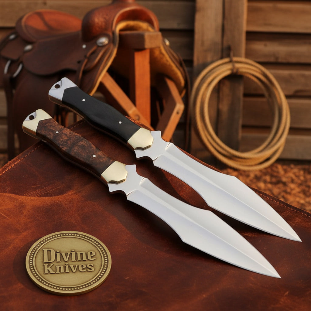 Twin Spear Point Dagger Set with Burl Wood and Horn Guard Handles