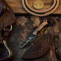 Gold Vein Ring Handle Skinner Knife with Black Coated Curved Blade for Hunters and Collectors