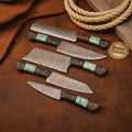 Damascus Orchid Chef Knife Set with Wood Grain Blades and Turquoise Inlay