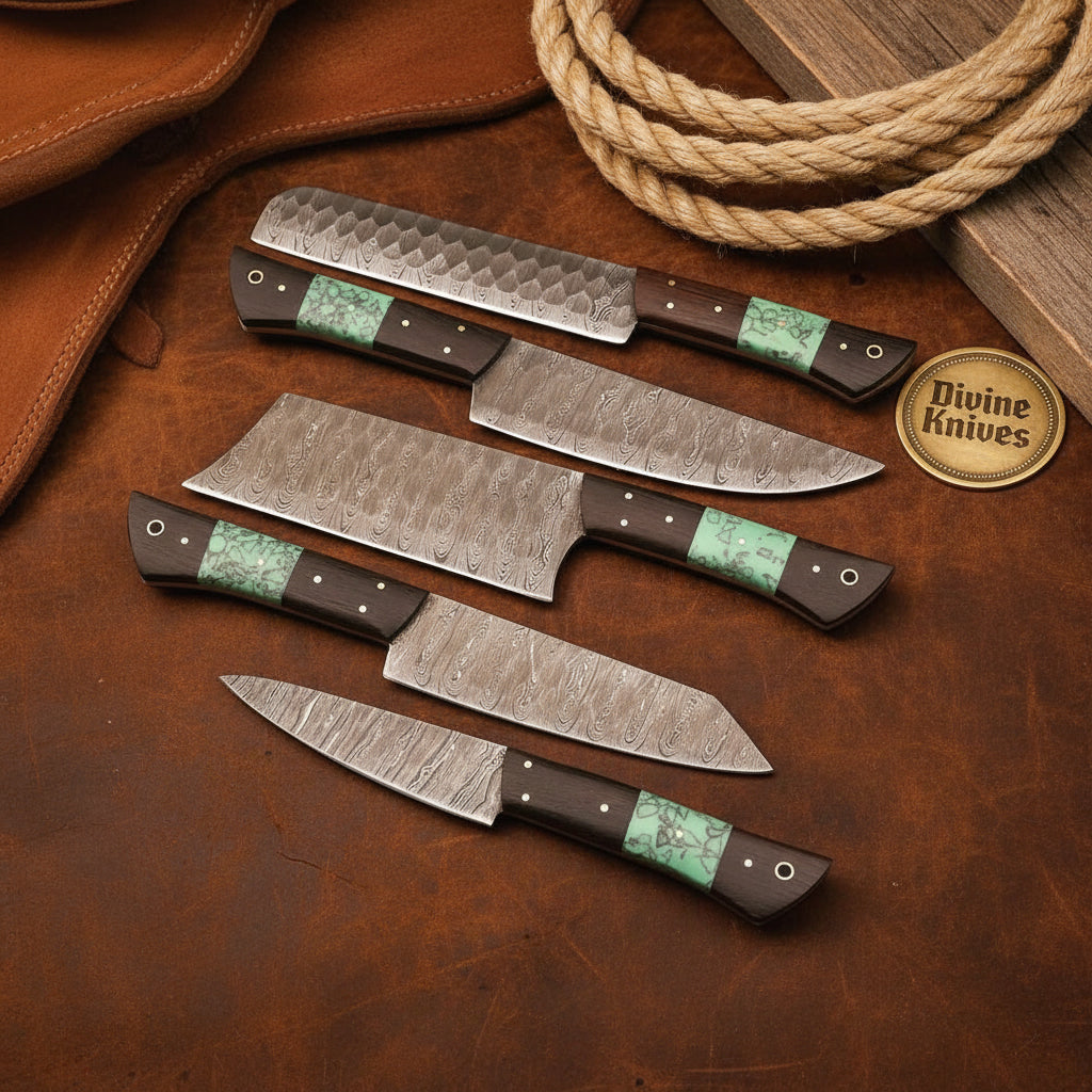 Damascus Orchid Chef Knife Set with Wood Grain Blades and Turquoise Inlay