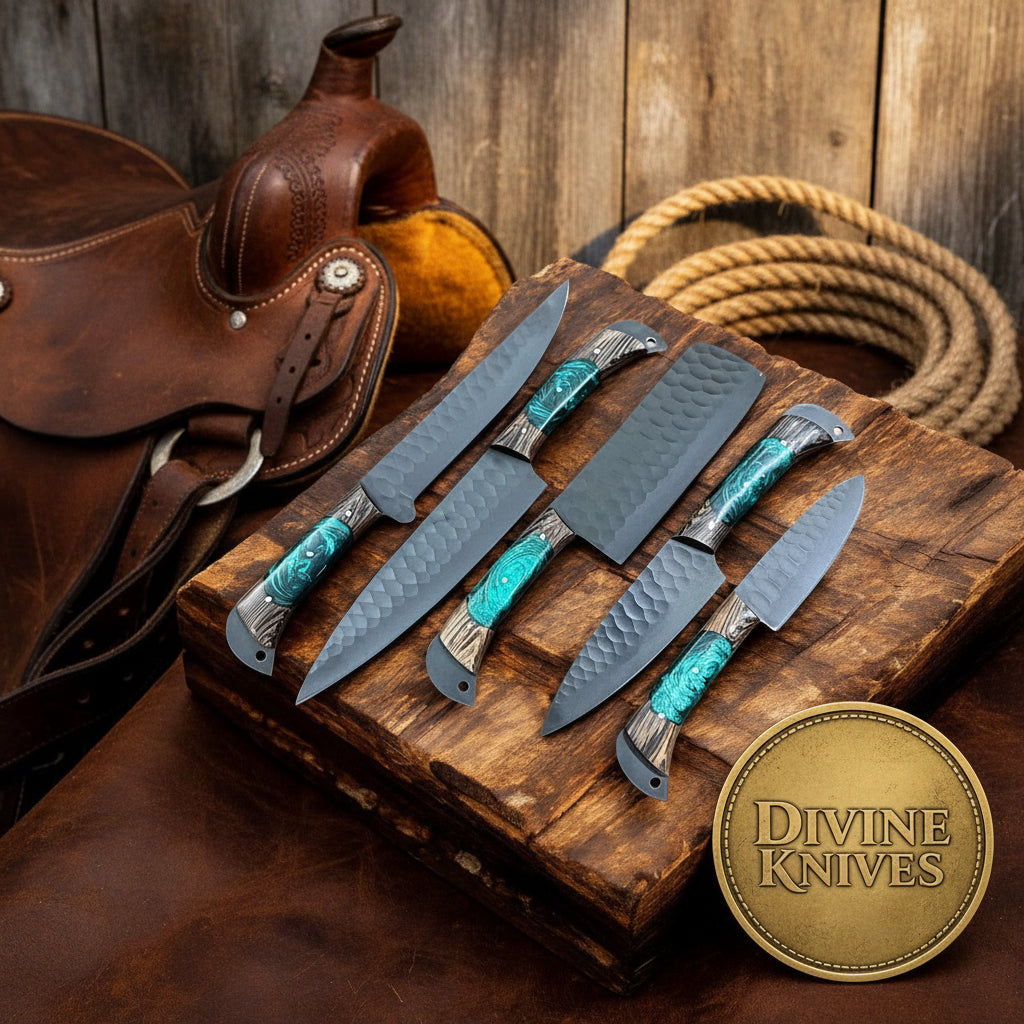 5-Piece Teal Resin Handle Chef Knife Set with Hammered Blade Finish for Everyday Cooking