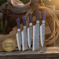 5-Piece Purple Handle Etched Chef Knife Set with Cross Bolster for a Bold Kitchen Upgrade