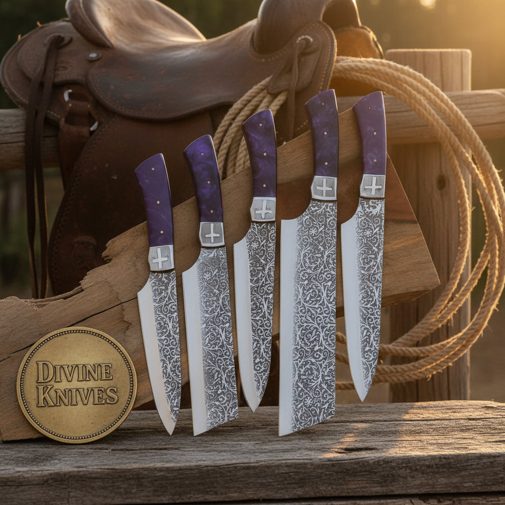 5-Piece Purple Handle Etched Chef Knife Set with Cross Bolster for a Bold Kitchen Upgrade
