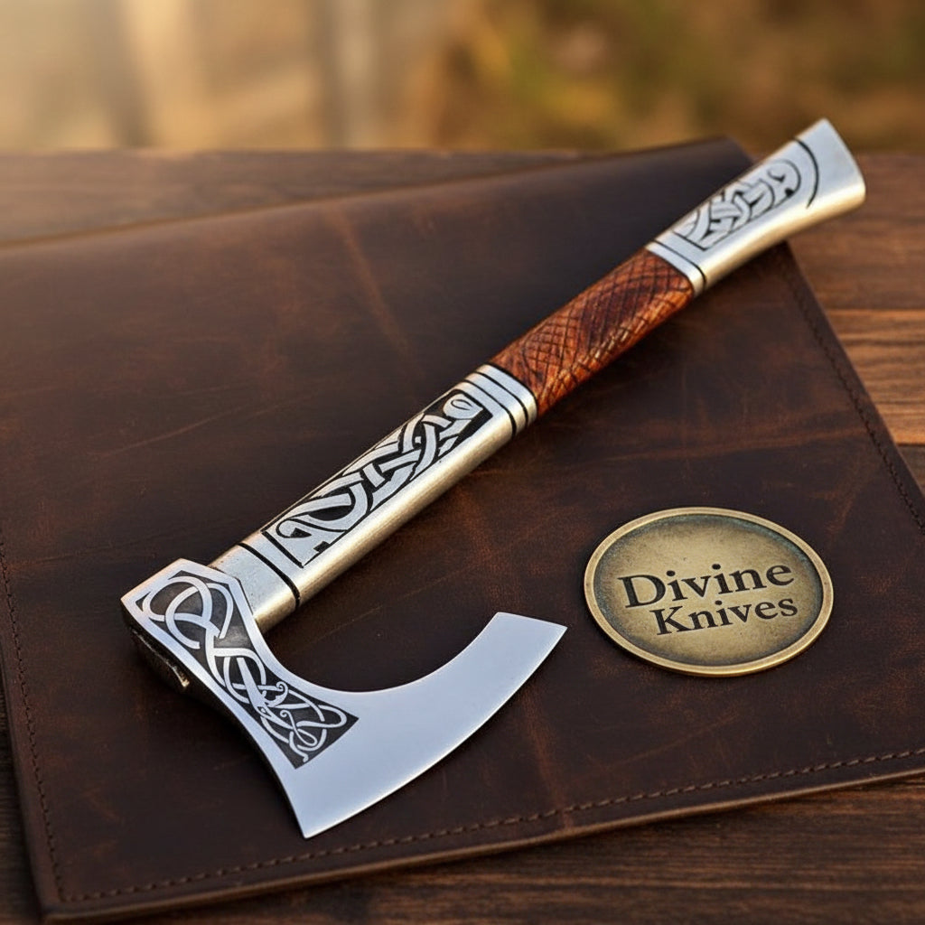 Celtic Knot Engraved Viking Axe with Diamond Textured Handle for Display or Outdoor Use