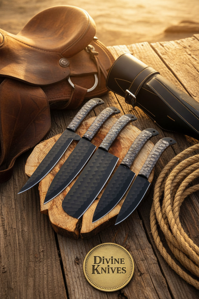 5-Piece Chevron Textured Black Blade Knife Set with Snakeskin Handles and Leather Roll Case