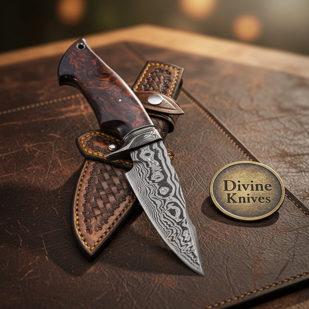Custom Handmade Bobcat Hunter Knife and Tooled Leather Sheath