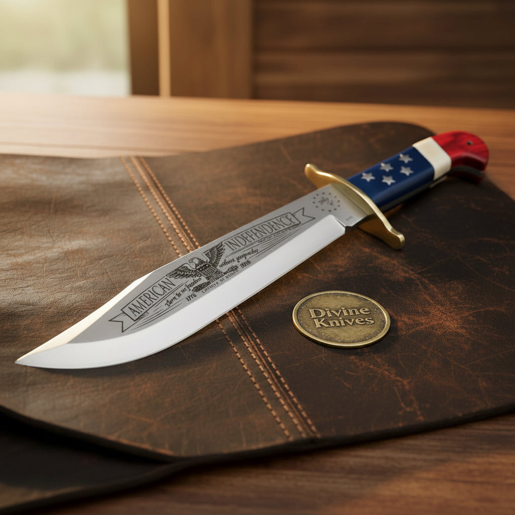 Patriotic American Flag Bowie Knife with Eagle Etched Blade