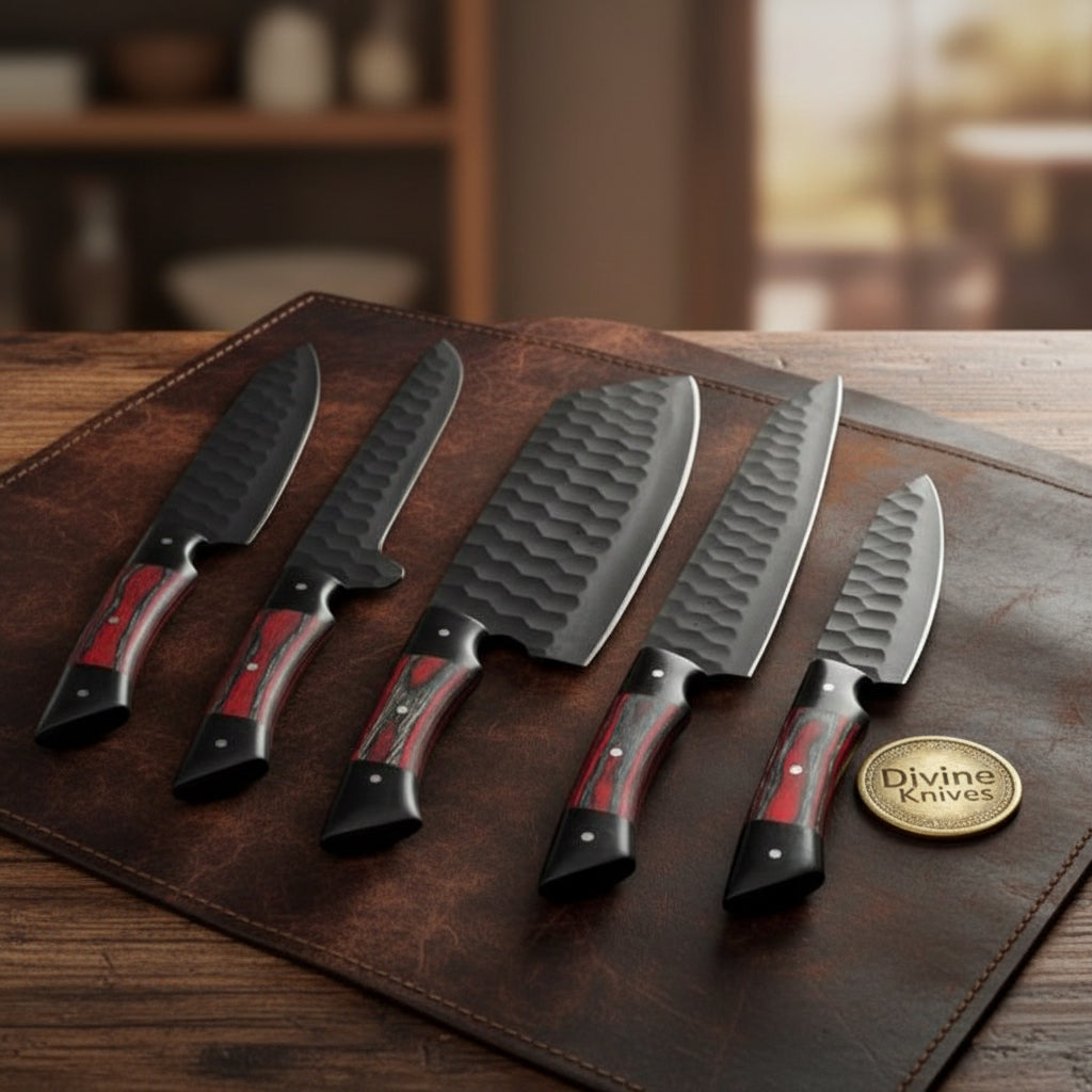 5-Piece Hammered Black Chef Knife Set with Pakka Wood Handles