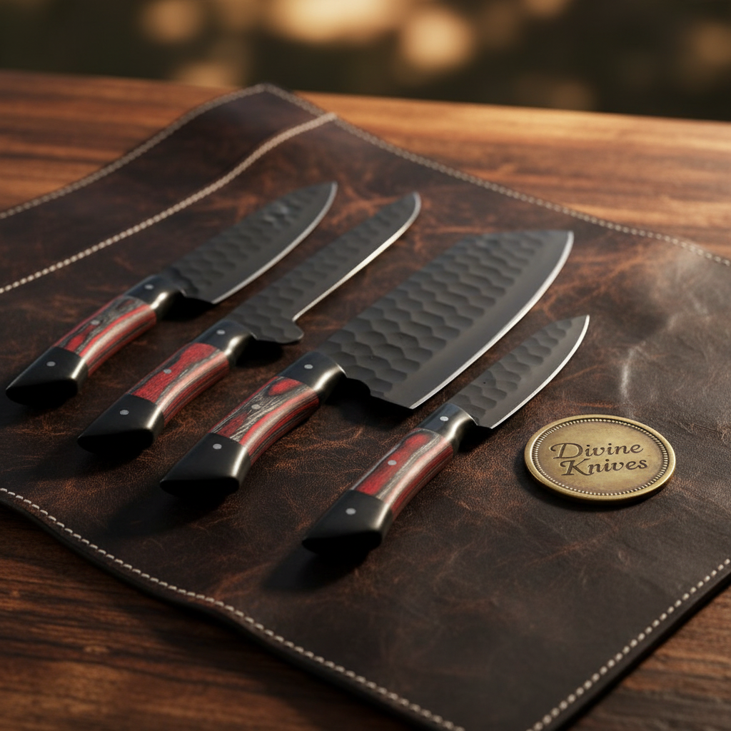 5-Piece Hammered Black Chef Knife Set with Pakka Wood Handles
