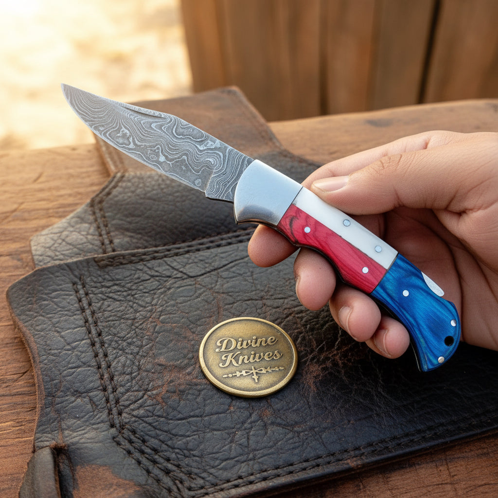 Americana Folding Pocket Knife with Patterned Steel Blade