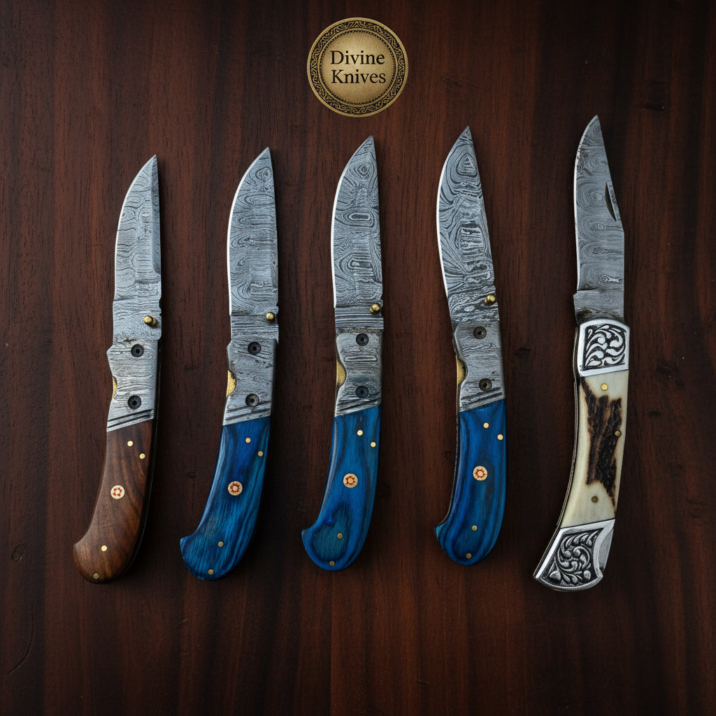 5-Piece Folding Pocket Knife Set with Mixed Wood, Resin, and Stag Handles