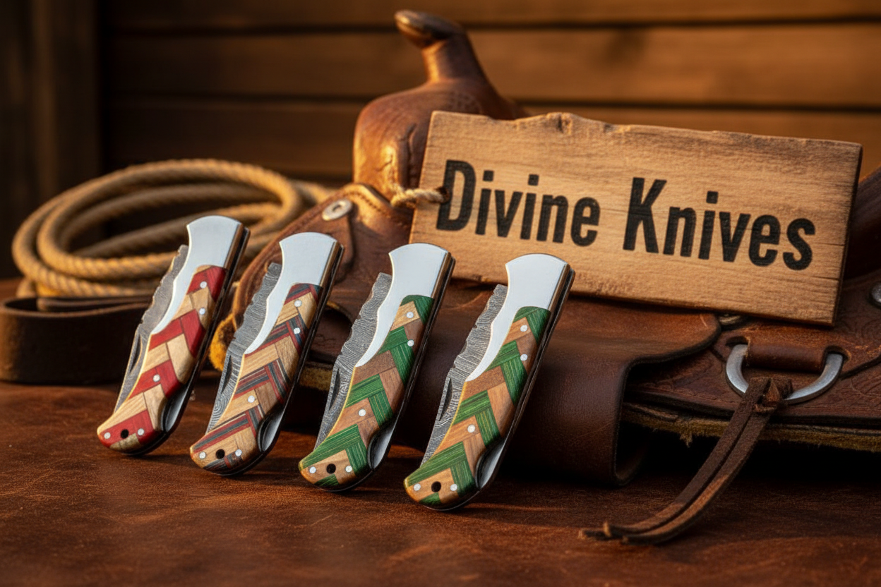 5-Piece Chevron Inlay Folding Knife Set with Wood Mosaic Handles