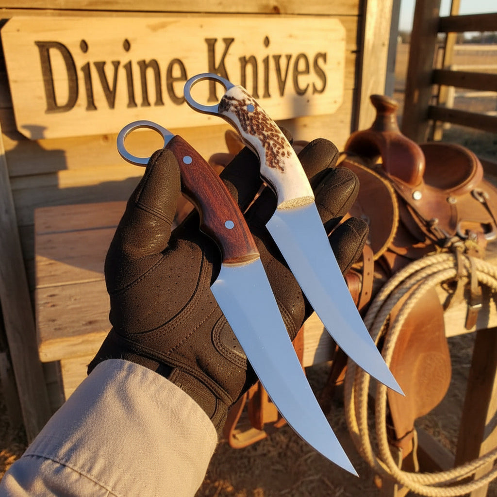 Ring Handle Skinner Knife Pair with Wood and Stag Handles