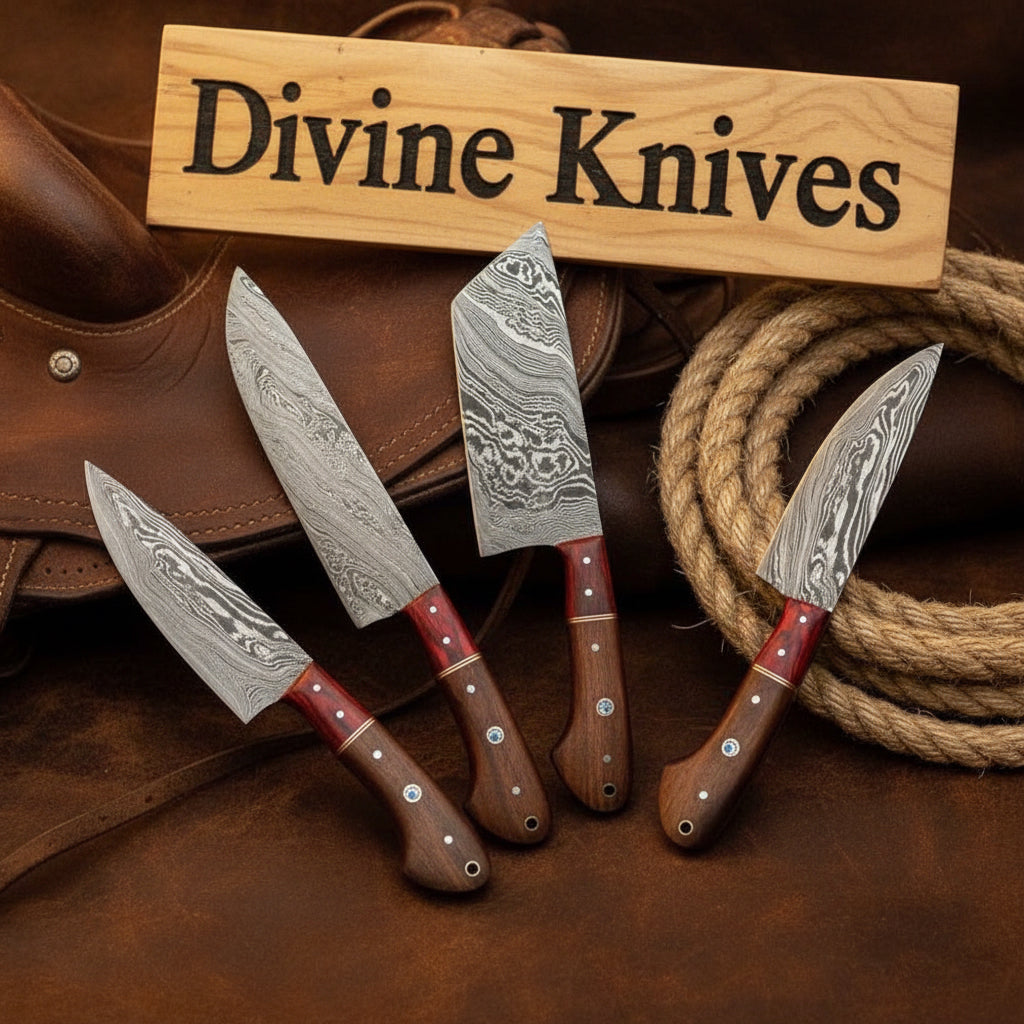 4-Piece Chef Knife Set with Wood Handles and Red Resin Accents