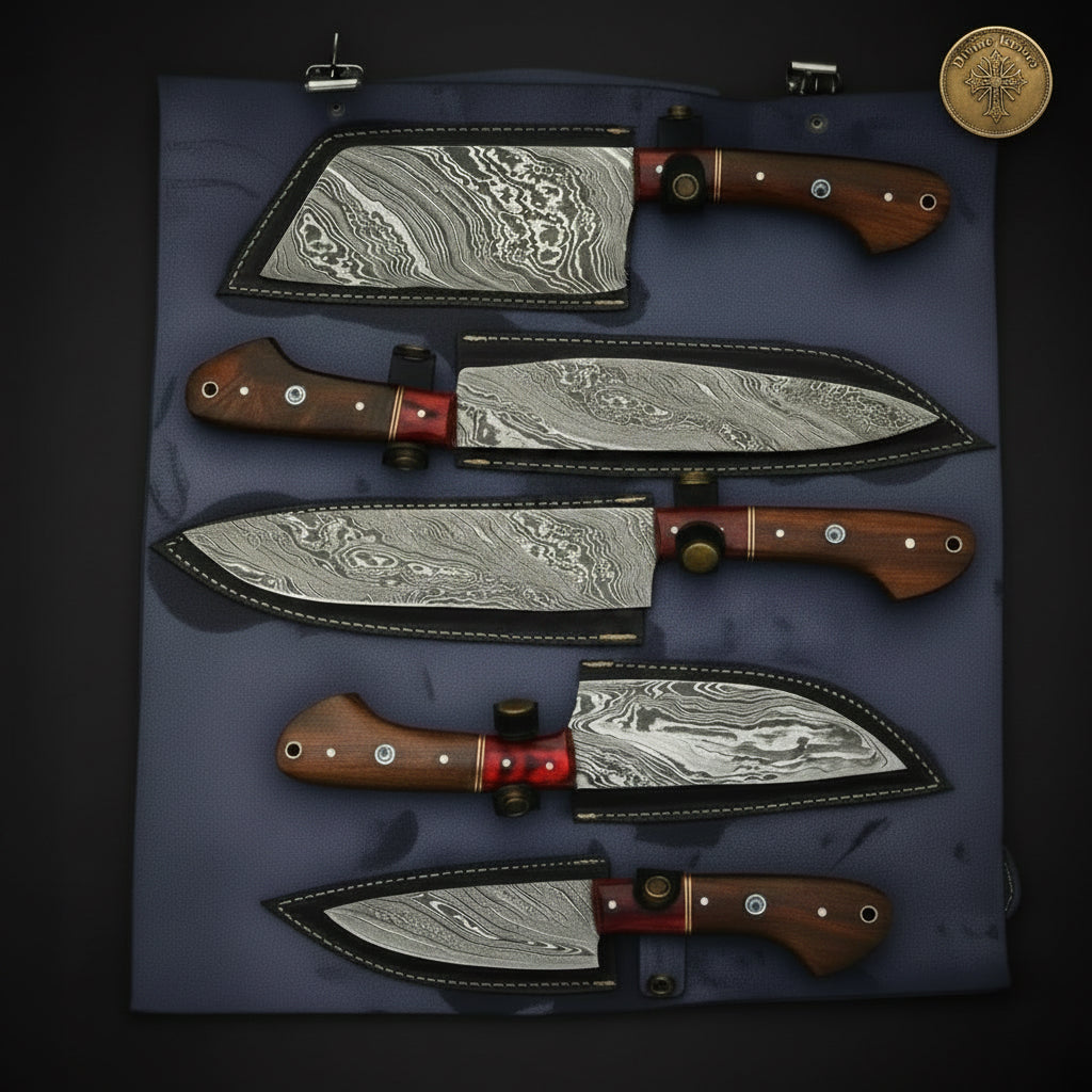 4-Piece Chef Knife Set with Wood Handles and Red Resin Accents