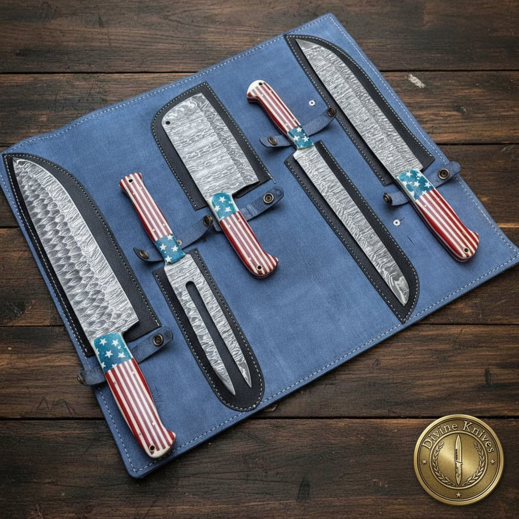 5-Piece Patriotic Chef Knife Set with Leather Roll Case
