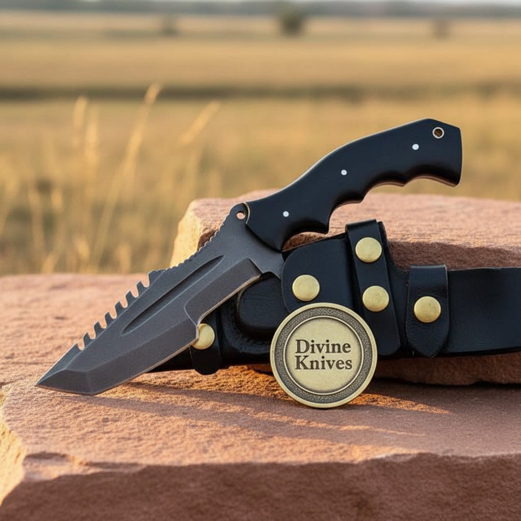 Serrated Spine Tracker Knife with Finger Groove Handle