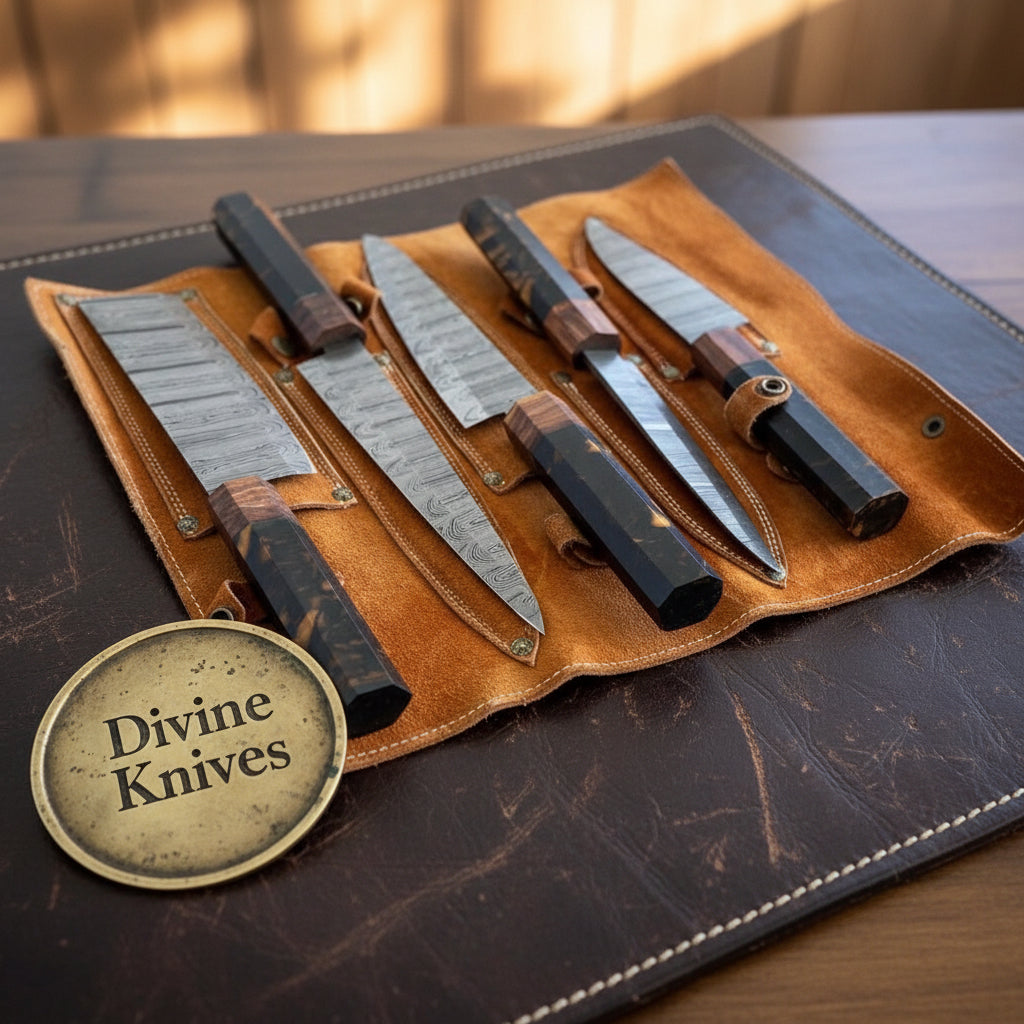 5-Piece Resin Handle Knife Set with Tortoiseshell Accents and Leather Roll Case