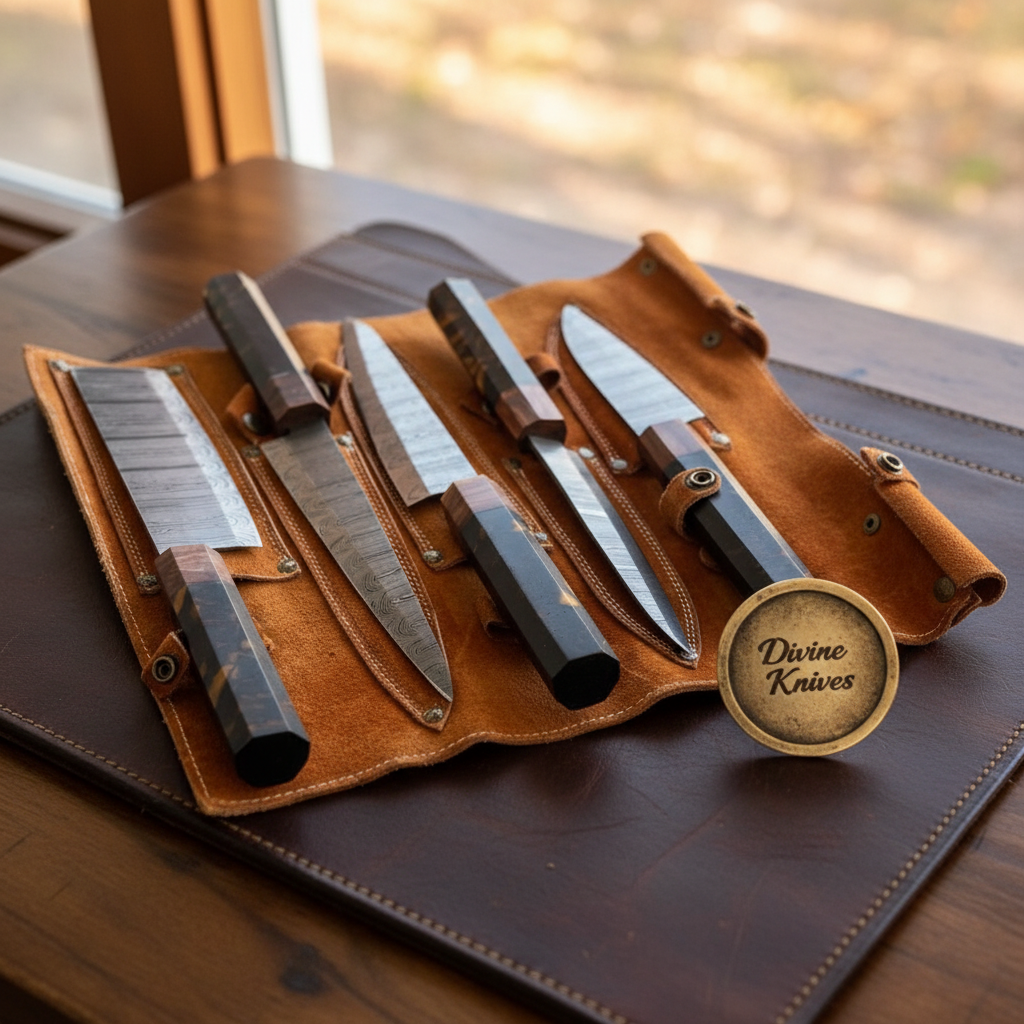 5-Piece Resin Handle Knife Set with Tortoiseshell Accents and Leather Roll Case