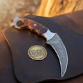 Hawkbill Karambit Knife with Damascus Steel Blade and Finger-Ring Wood Handle