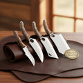 4-Piece Skinner and Cleaver Knife Set with Leather Roll Sheath