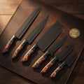 8-Piece Black Coated Chef Knife Set with Orange-Blue Resin Handles
