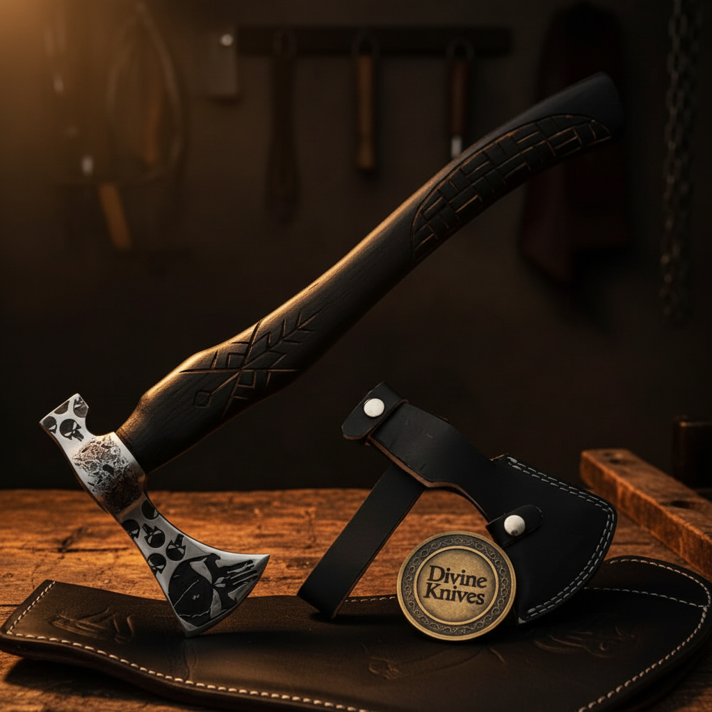 Skull Etched Belt Axe with Textured Wood Handle