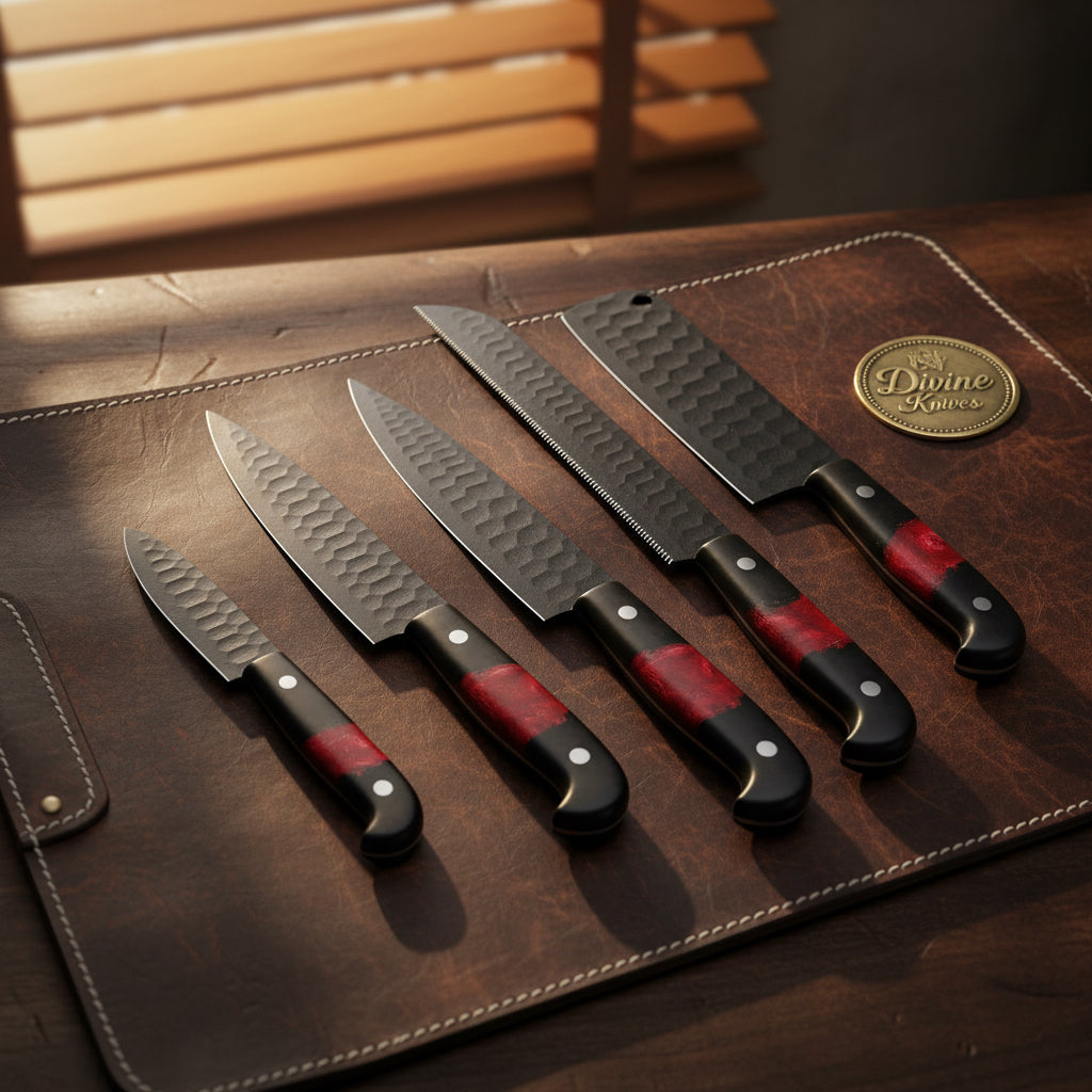 5-Piece Kitchen Knife Set with Red Resin Handles and Black Coated Blades