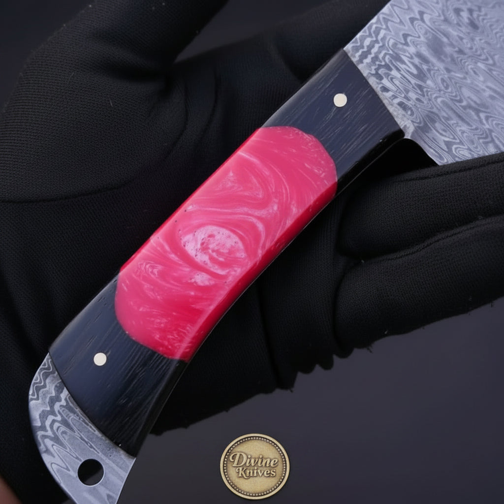 Damascus Pattern Nakiri Cleaver Knife with Red Resin Handle