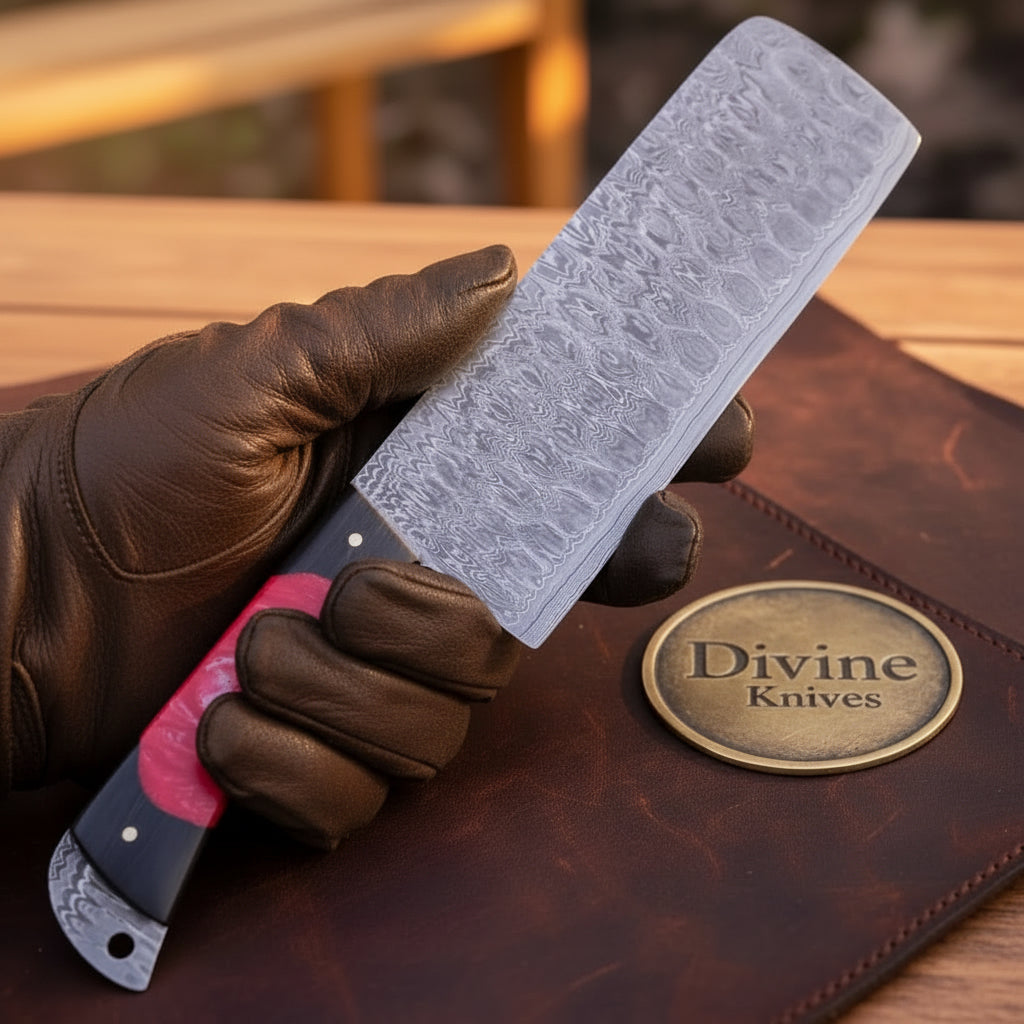 Damascus Pattern Nakiri Cleaver Knife with Red Resin Handle