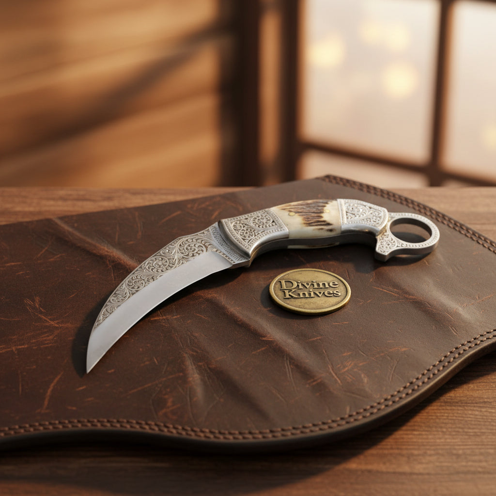 Engraved Twin Karambit Knife Set with Scrollwork Blades and Stag Handles