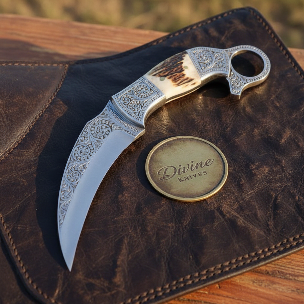 Engraved Twin Karambit Knife Set with Scrollwork Blades and Stag Handles