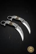 Engraved Twin Karambit Knife Set with Scrollwork Blades and Stag Handles