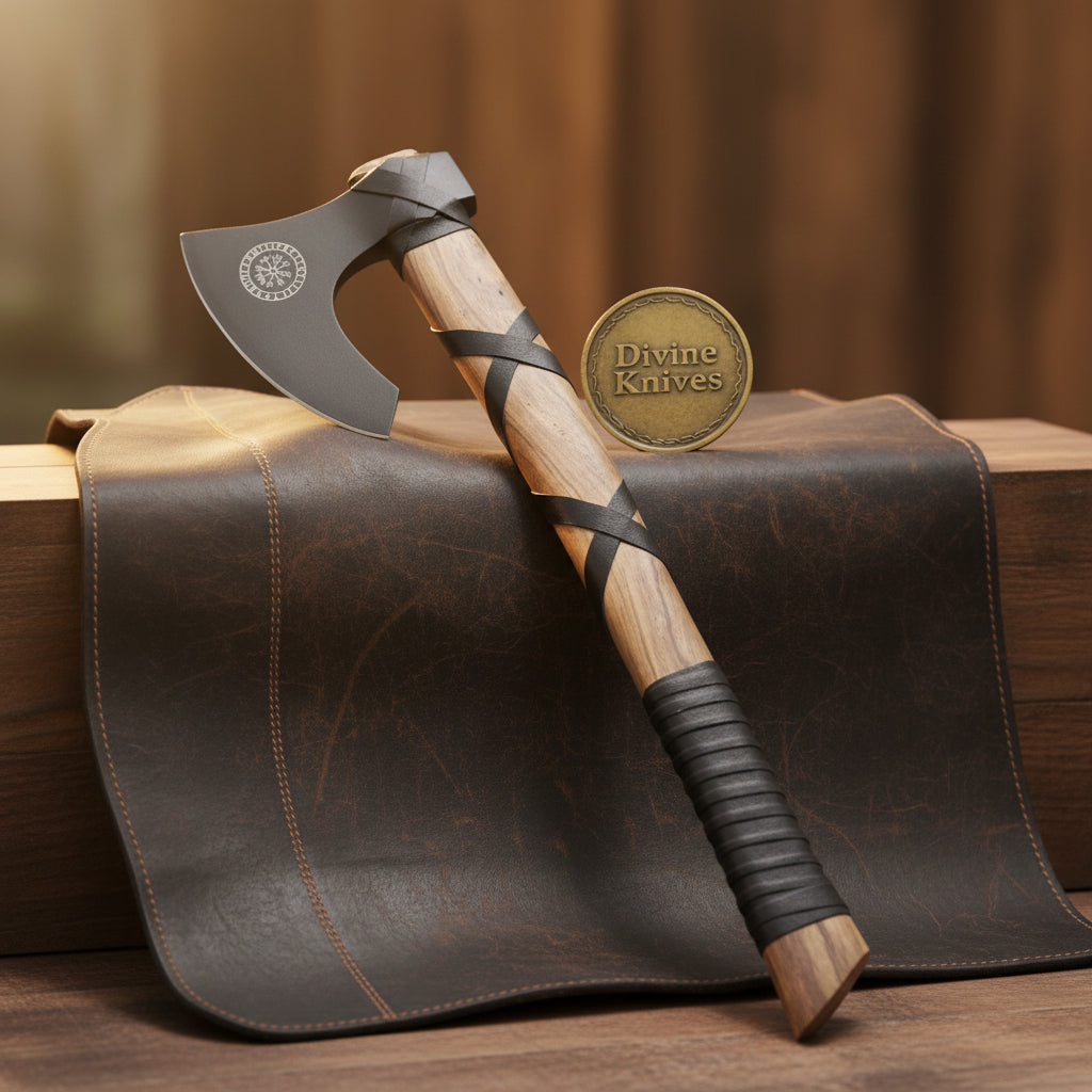 Norse Symbol Viking Axe with Leather Wrapped Wood Handle