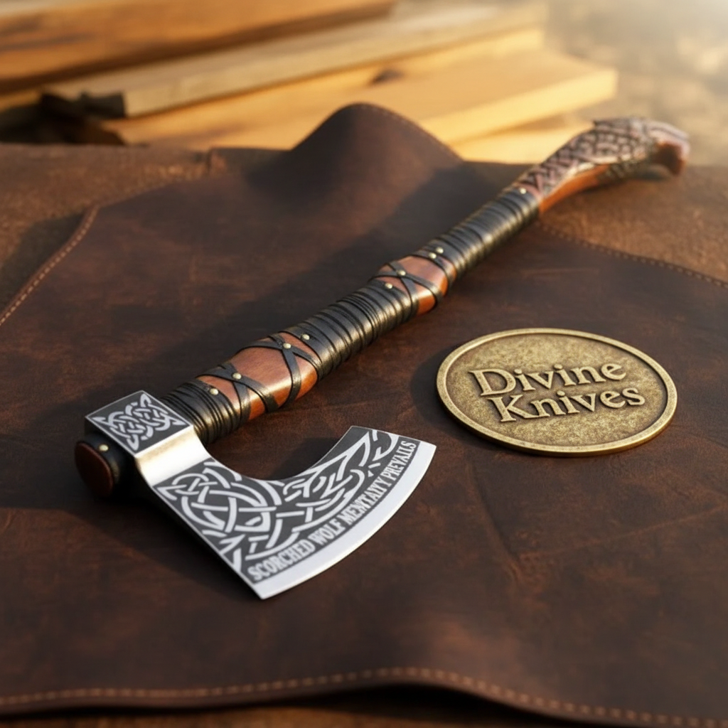 Wolf Head Viking Axe with Celtic Knot Engraved Blade