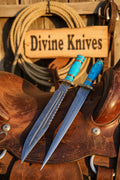 Turquoise Handle Damascus Dagger Set with Brass Bolsters