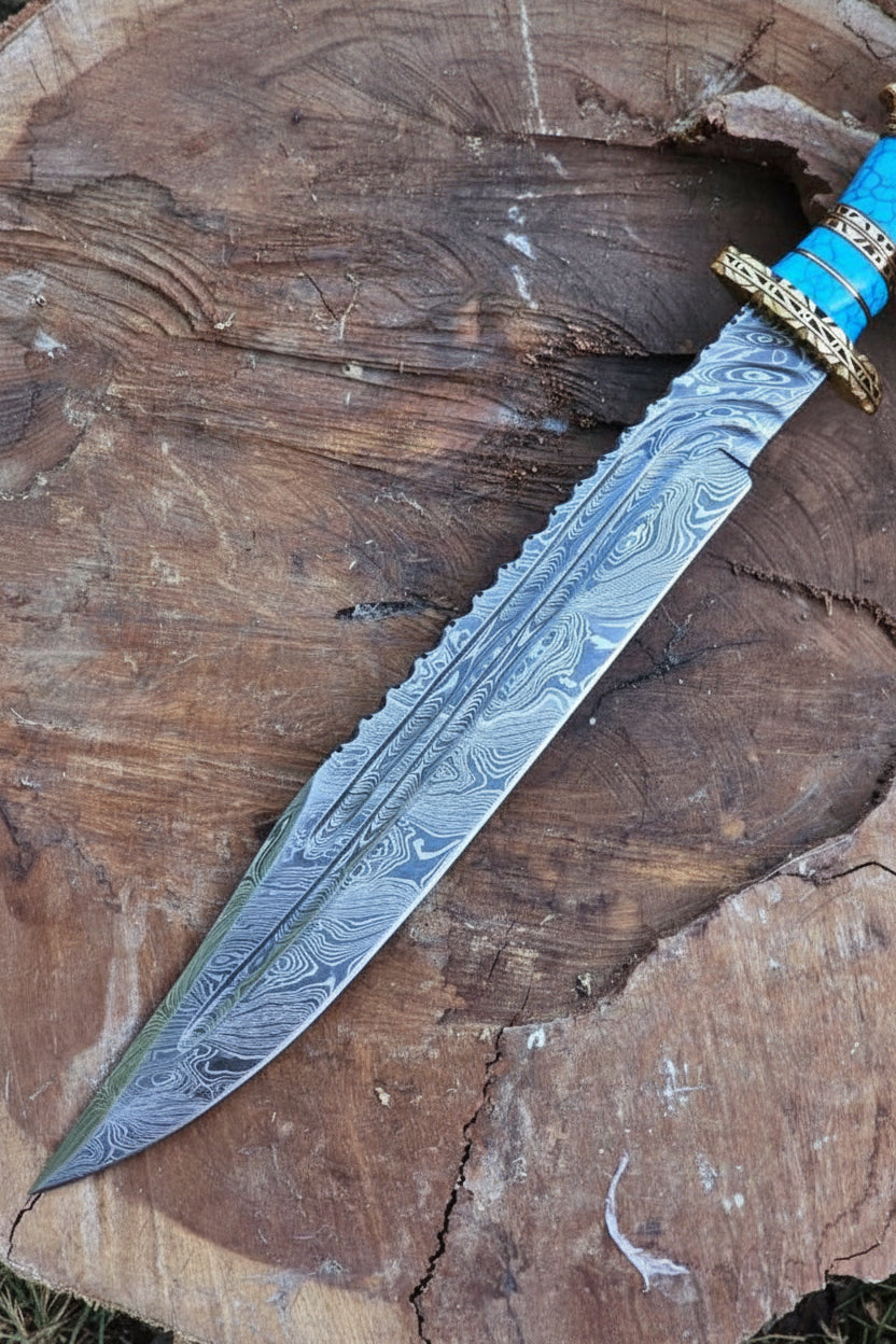 Turquoise Handle Damascus Dagger Set with Brass Bolsters