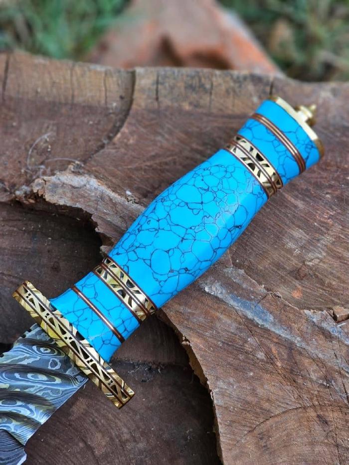 Turquoise Handle Damascus Dagger Set with Brass Bolsters