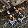 Dual Camping Hatchets Steel Heads Carved Wood Handle Balanced Set