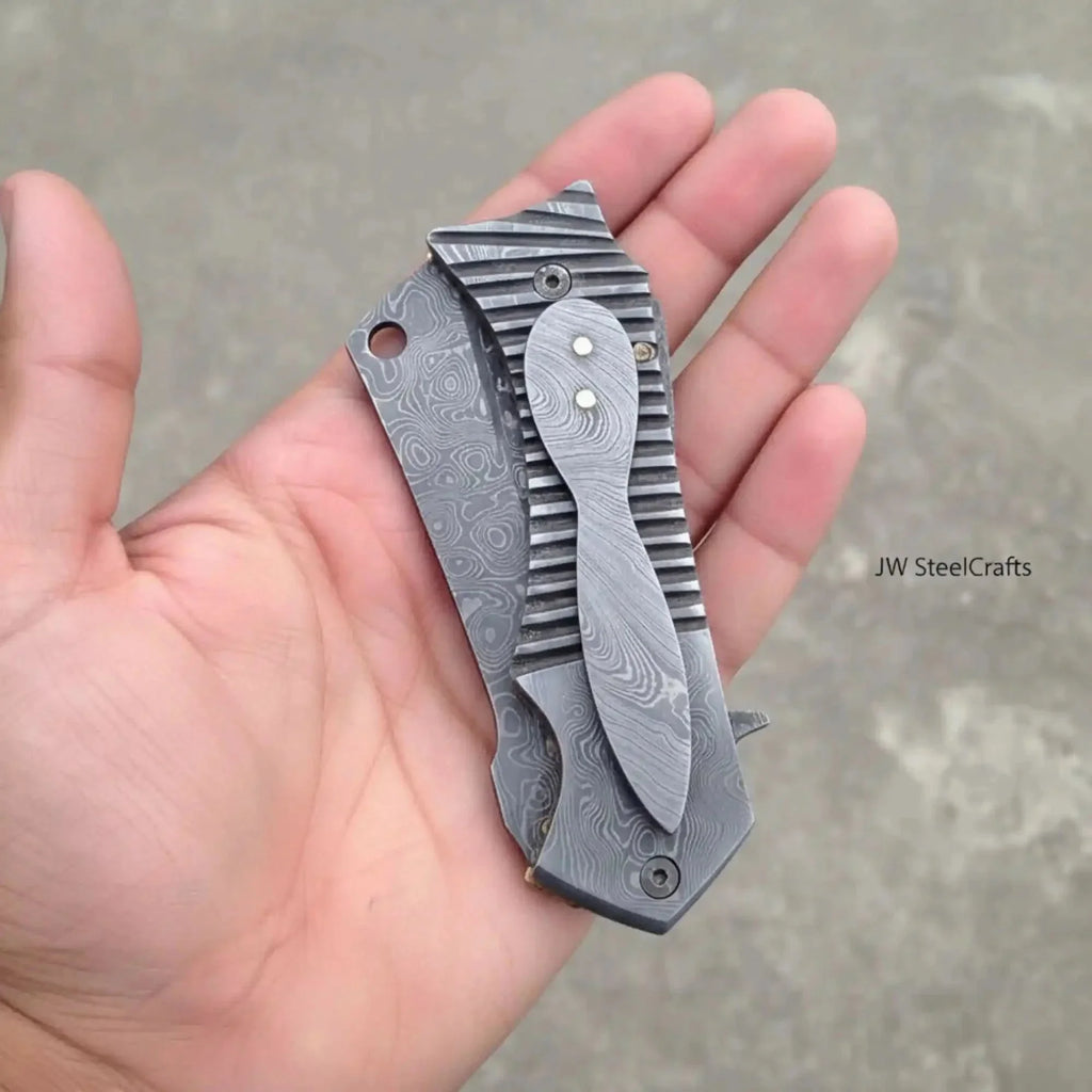 EDC Damascus Pocket Knife 3 Inch Cleaver Folding Blade Portable Utility Use
